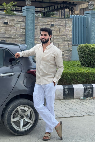 Premium & Luxury Feel Soft Cotton Linen Set Beign & White