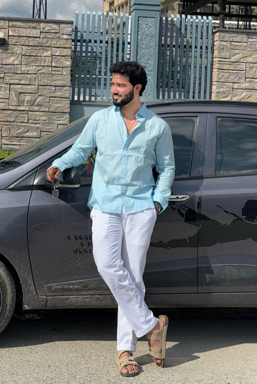 Premium & Luxury Feel Soft Cotton Linen Set Sky & White